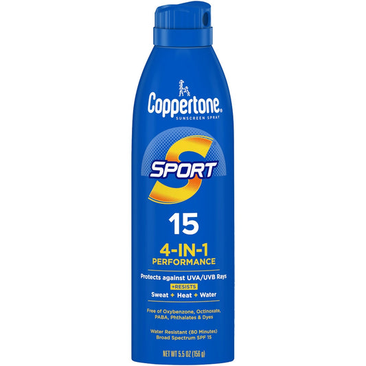 Coppertone Sport C Spray SPF 15 personal care product, 5.5oz, with new UPC, in aerosol spray format.