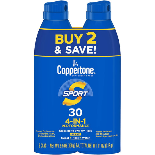 Coppertone Sport C Spray SPF30 personal care spray in a twin pack, 11 oz bottles, designed for outdoor sun protection.