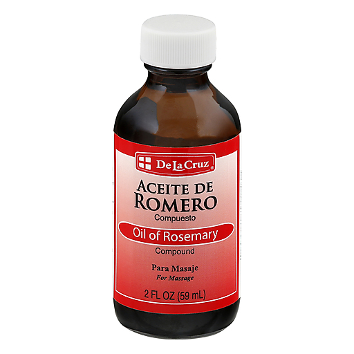 De La Cruz Rosemary Oil Compound in a 2 oz bottle, used for personal care, with a clear label on a white background.