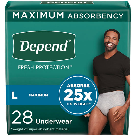 Depend Fit-Flex adult men's incontinence underwear in grey, disposable with maximum absorbency, large size, shown in the image.