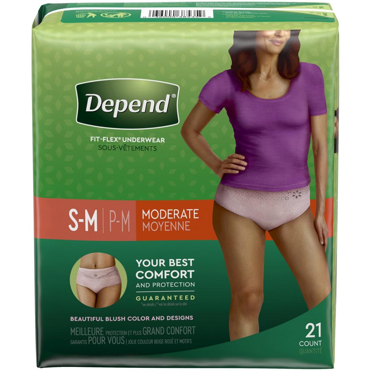 Depend FIT-FLEX incontinence underwear for women, moderate absorbency, in S/M size, featuring a comfortable fit and discreet design.
