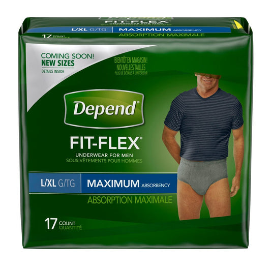 Depend Fit-Flex men's underwear with maximum absorbency in size L/XL, shown in a neutral color, designed for personal care needs.