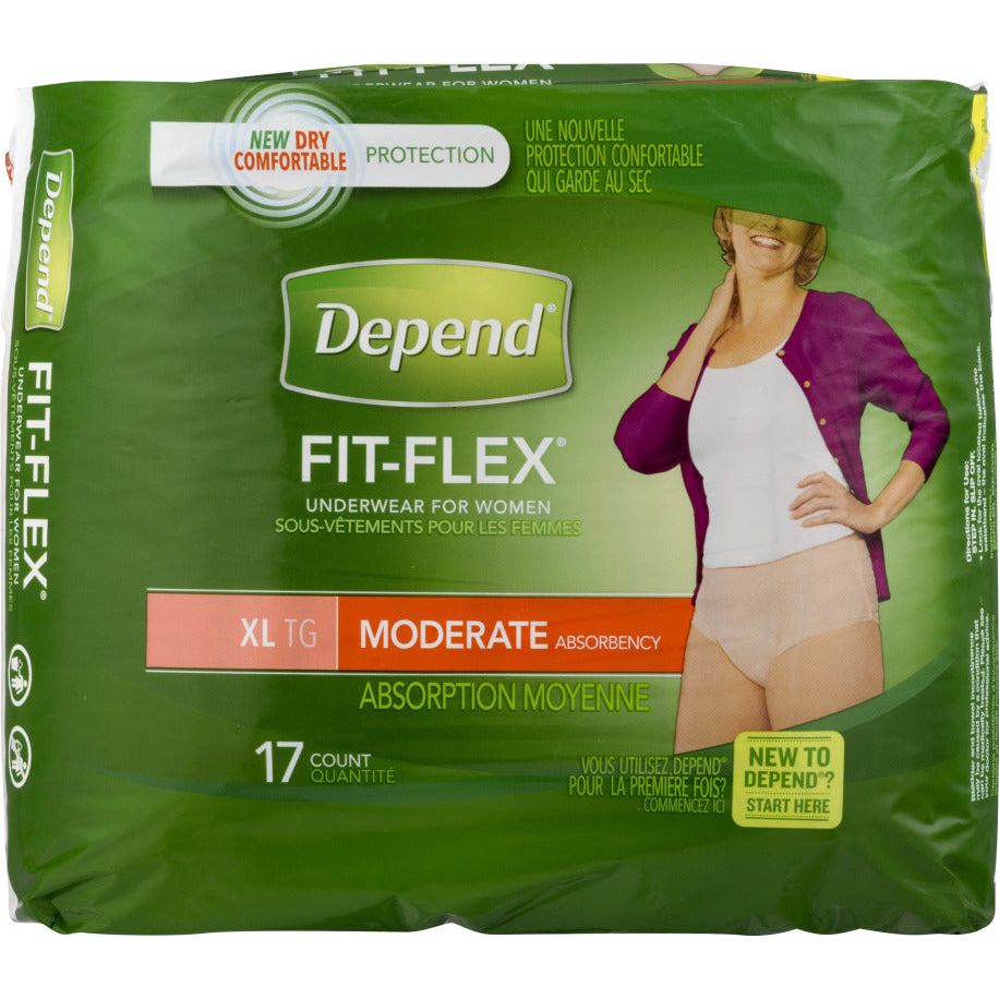 Depend Fit-Flex women's underwear with moderate absorbency in XL size, shown in a natural fabric and comfortable fit.