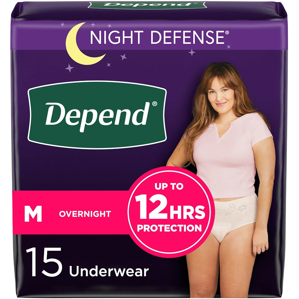 Depend Night Defense adult incontinence underwear for women, overnight, size M, blush color, designed for discreet protection.
