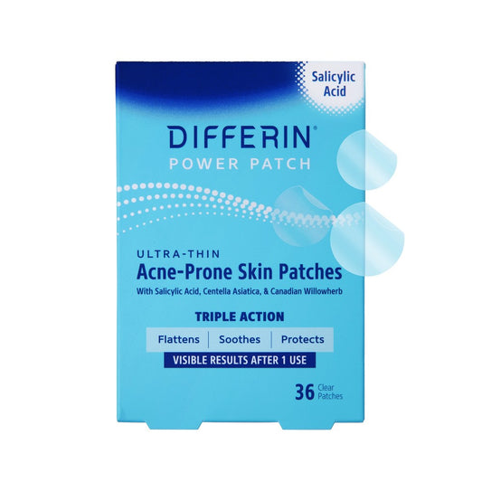 Differin Acne Prone Skin Patches for targeted acne treatment, shown in a close-up image with several transparent patches.