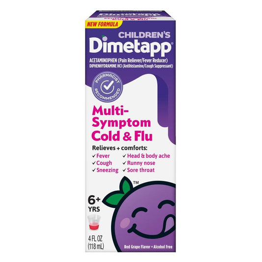 Children's Dimetapp Cold & Flu multi-symptom syrup in red grape flavor, 4 oz bottle, by Pasteur Pharmacy for cold relief.