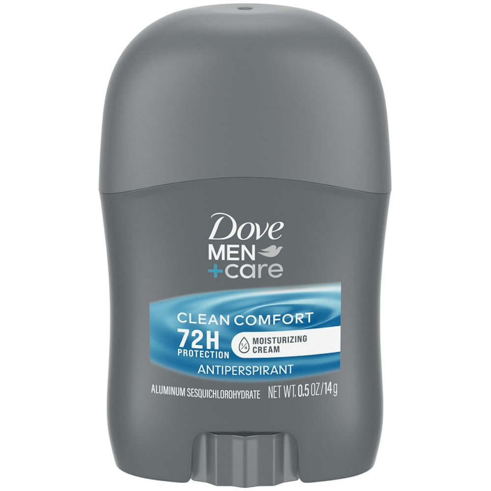 Dove Men+Care Clean Comfort antiperspirant deodorant stick, 0.5 oz, in a white and blue container for personal care.