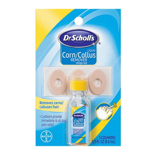 Dr. Scholl's Liquid Corn and Callus Remover in a bottle, personal care product for foot skin treatment.