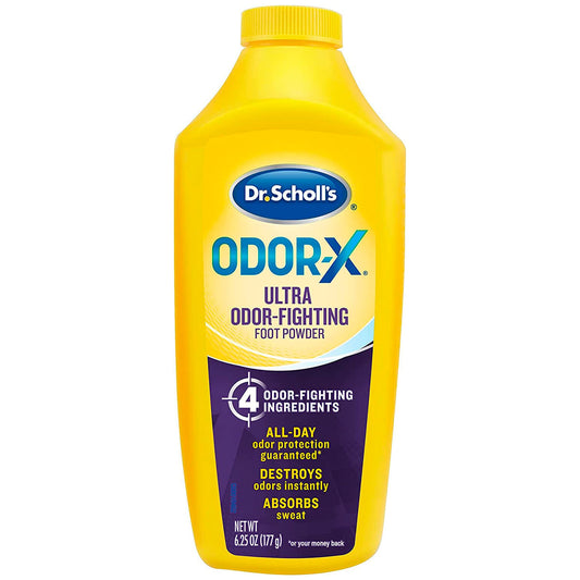 Dr. Scholl's Odor X Ultra Odor-Fighting Foot Powder in 6.25 oz container, shown in a personal care setting.