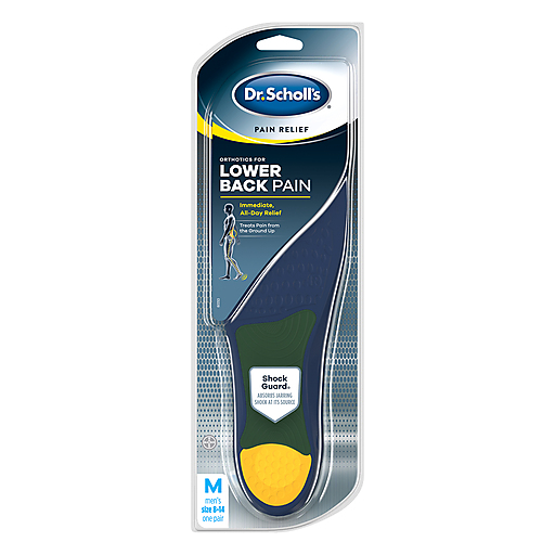 Dr. Scholls men's orthotic insoles in size 8-13 designed for lower back pain relief, shown resting on a neutral background.