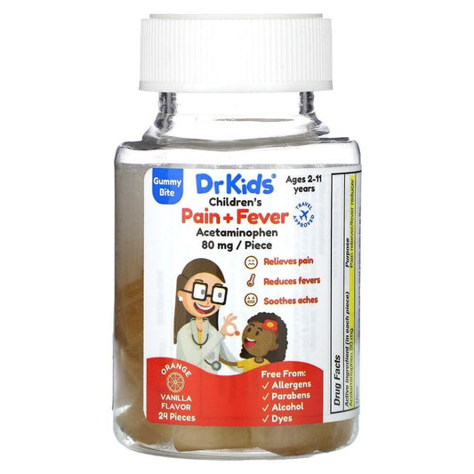 DrKids Children's Pain and Fever Gummy Bite in orange vanilla flavor, 24 gummies for ages 2-11, from Pasteur Pharmacy.