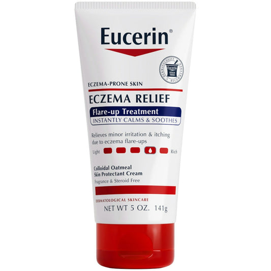 Eucerin Eczema Relief Flare-Up Treatment in a 5oz tube, personal care product for soothing eczema symptoms.