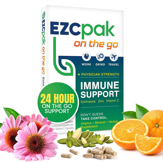 EZC Pak Active Immune Support supplement bottles from Pasteur Pharmacy, featuring 10 capsules for personal immune health.