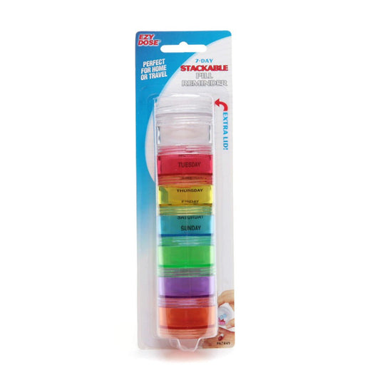 Ezy Dose 7-day stackable pill reminder from Pasteur Pharmacy, showing colored compartments for organizing weekly medication.