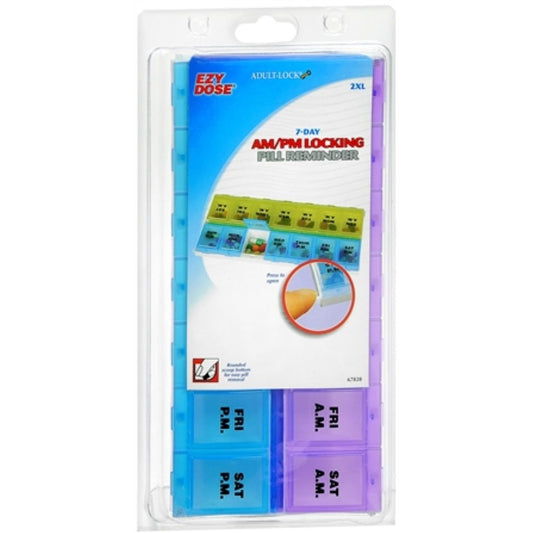 Ezy Dose Weekly AM/PM Locking Pill Planner in 2XL size with individual compartments for medication organization.