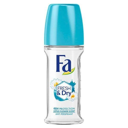 Fa Fresh & Dry Roll-On Deodorant for Women, 50ml, in a sleek bottle, designed for effective odor control and freshness.
