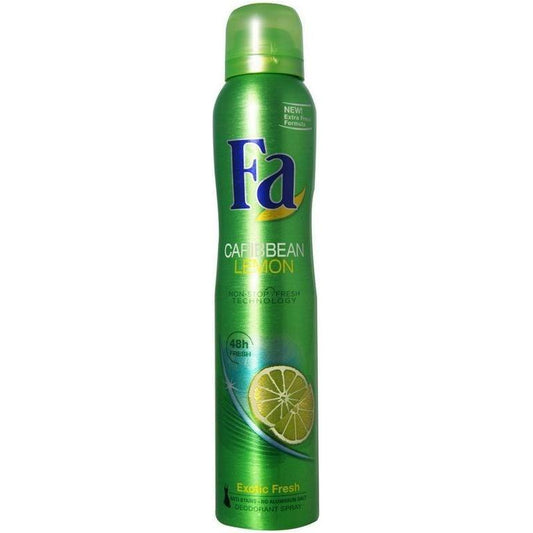 Fa Caribbean Lemon Deodorant Spray by Pasteur Pharmacy, 6.75 oz, personal care product with fresh lemon scent.