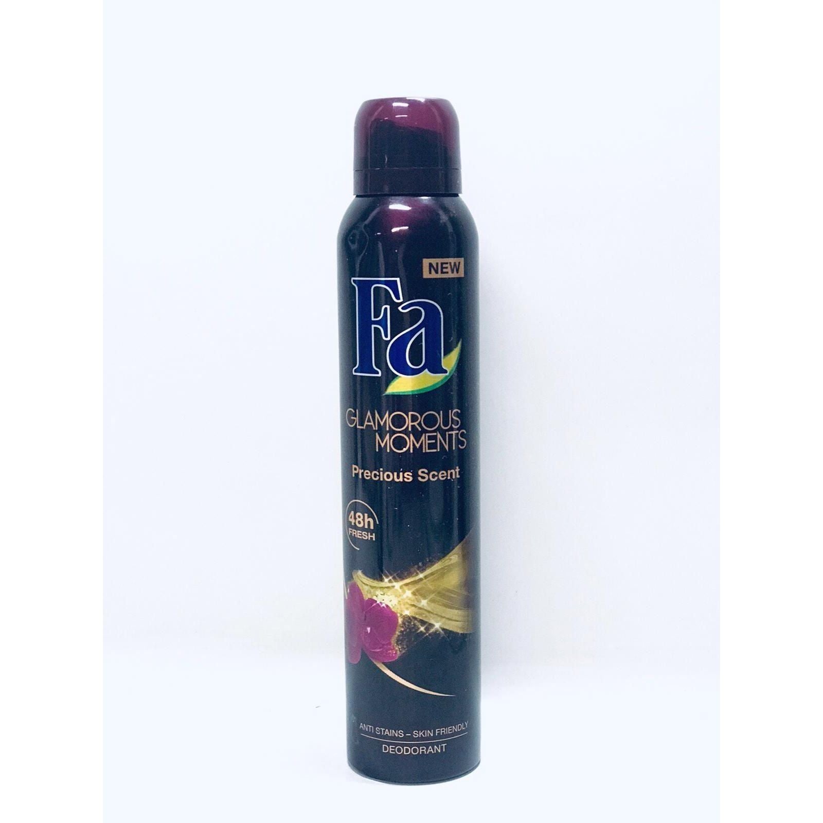 Fa Glamorous Moments deodorant spray by Pasteur Pharmacy, 6.7oz/150ml, in a sleek aerosol can for personal care.