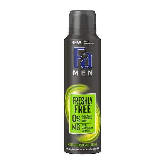 Fa deodorant spray for men with mint and bergamot scent in a 150 ml bottle, featuring a sleek personal care design.