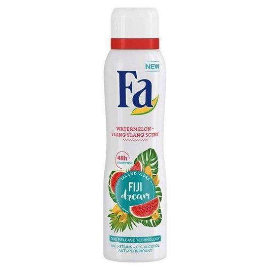 Fa Fiji Dream antiperspirant deodorant spray for women, 150ml, in a light blue aerosol can with floral designs.