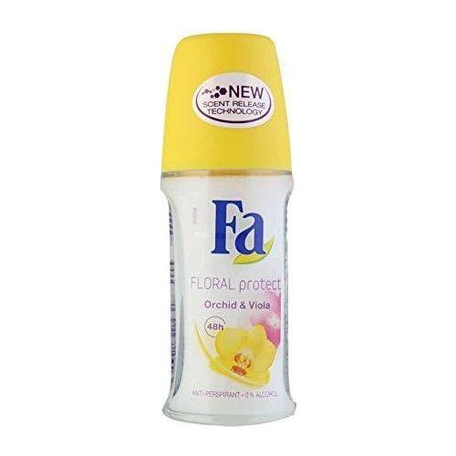 Fa Floral Protect Orchid and Viola anti-perspirant deodorant roll-on in 50ml bottle, featuring floral scent and smooth application.