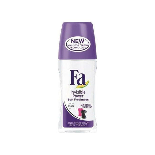 Fa Invisible Power Soft Freshness anti-perspirant roll-on in 50ml bottle, personal care product with deodorant for freshness and protection.
