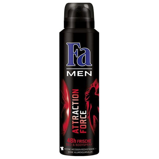 Fa Men Attraction Force 48 Hour male personal care spray in 150ml bottle, featuring a sleek design and masculine branding.