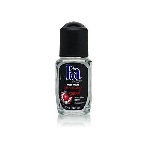 Fa Men Deo Roll On Spicy Black 50ml from Pasteur Pharmacy, personal care product with black cap and clear roll-on container.