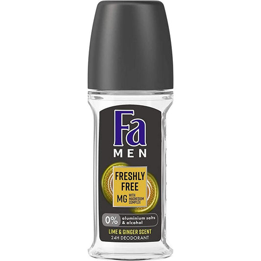 Fa Men Freshly Free Mg Lime & Ginger deodorant roll-on by Pasteur Pharmacy, 50ml, featuring a clear roll-on bottle with lime and ginger scent.