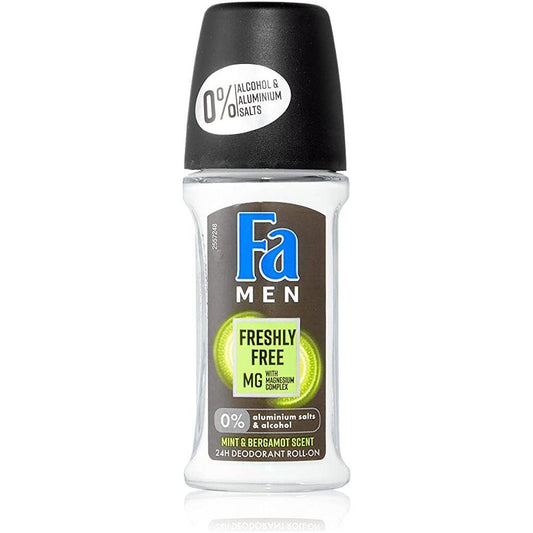 Fa Men Freshly Free magnesium mint and bergamot deodorant roll-on in 50ml bottle, personal care product with fresh, invigorating scent.