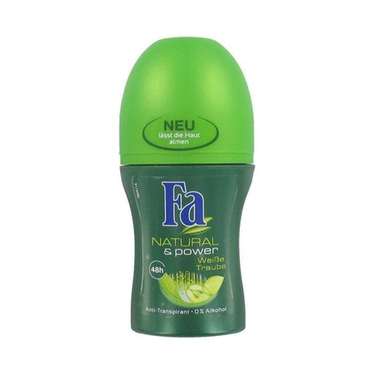 Fa Natural & Power White Grape 48h Roll-On Deodorant in 50ml bottle, personal care product with white grape scent and odor protection