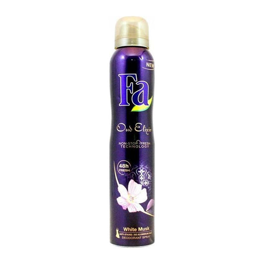 Fa White Musk 48h Fresh Deodorant Spray from Pasteur Pharmacy, 200ml, featuring a white bottle and spray nozzle.