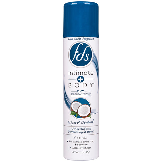 FDS Mist Intimate Body Spray in coconut scent, 2 ounces, personal care product by Pasteur Pharmacy, with spray nozzle and coconut design