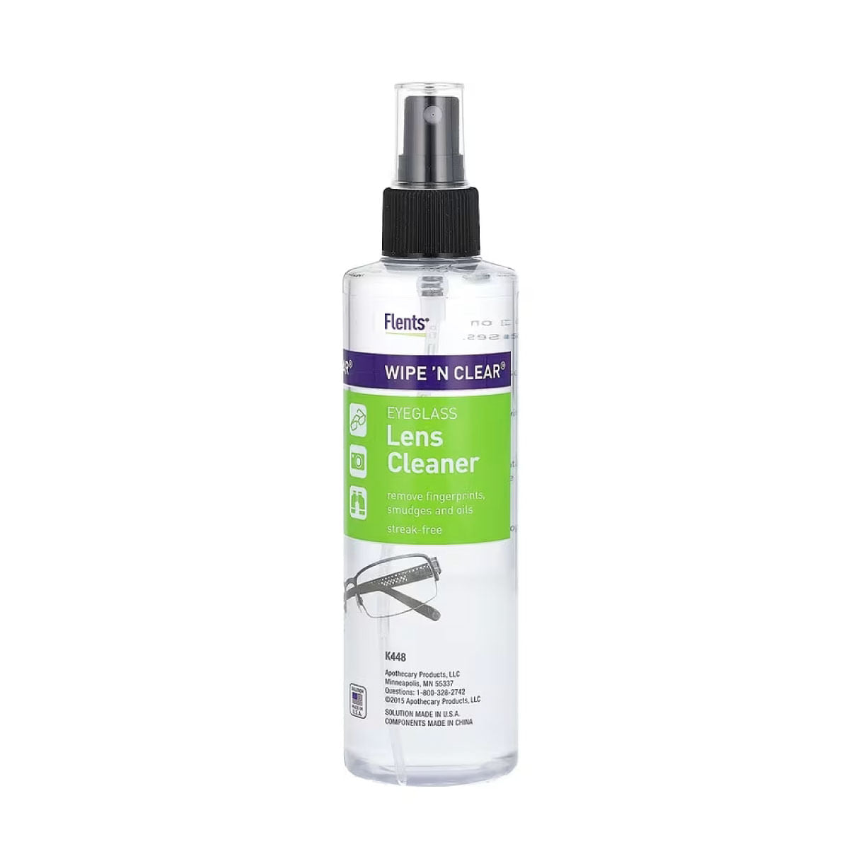 Flents Wipe 'N Clear lens cleaner for eyeglasses in an 8 fl oz bottle, personal care product by Pasteur Pharmacy