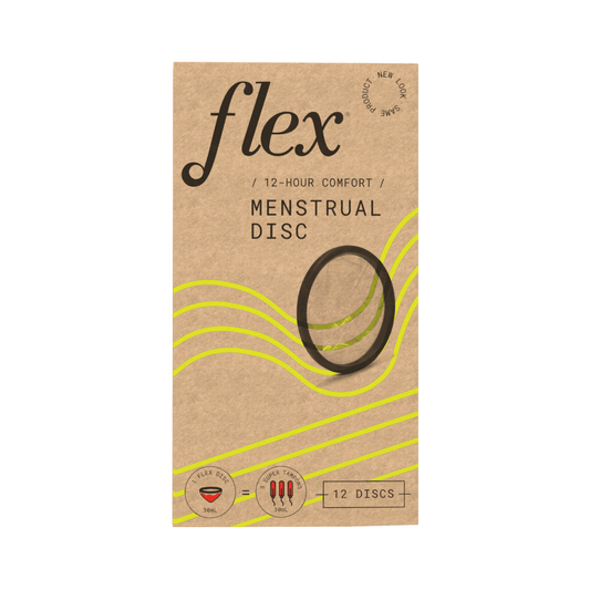 Flex Menstrual Discs by Pasteur Pharmacy, 12-pack, personal care product, showing the flexible disc packaging and branding.