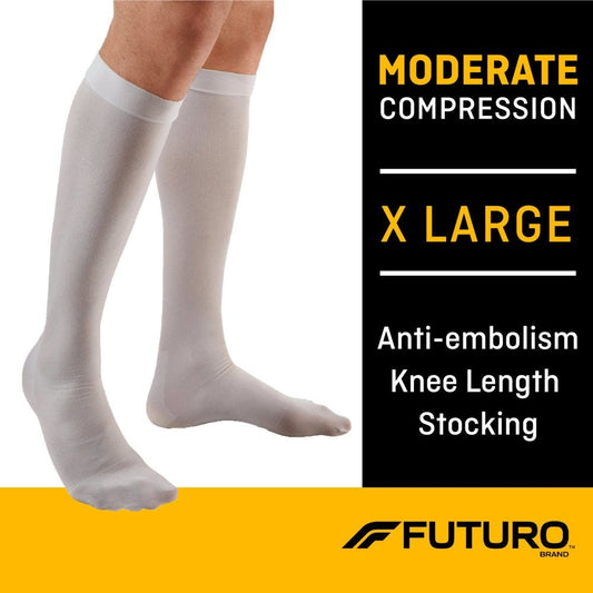 Futuro anti-embolism knee-high stockings in white, closed toe, X-large size, designed for personal care and compression support.
