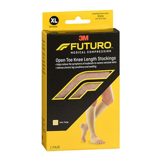 Futuro open toe knee-length stockings in beige, X-large, firm compression from Pasteur Pharmacy, displayed in a pair.