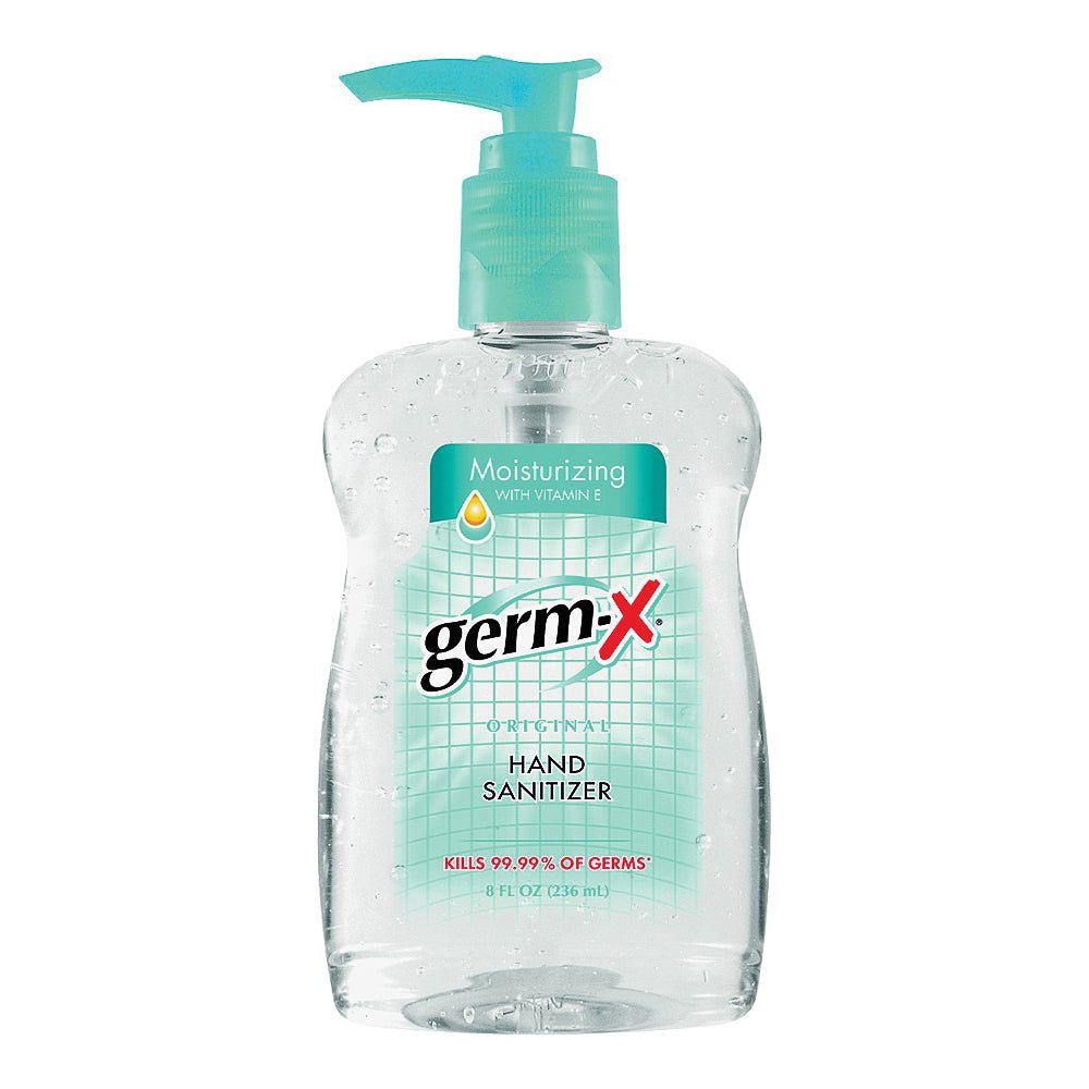 Pasteur Pharmacy Germ X Moisturizing Original Hand Sanitizer 8 oz bottle, personal care product with clear label and pump dispenser.