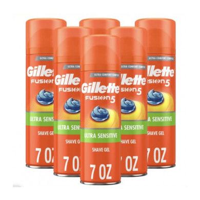 Gillette Fusion ProGlide soothing shave gel in a tube, part of personal care products, with a smooth, clear gel texture visible.