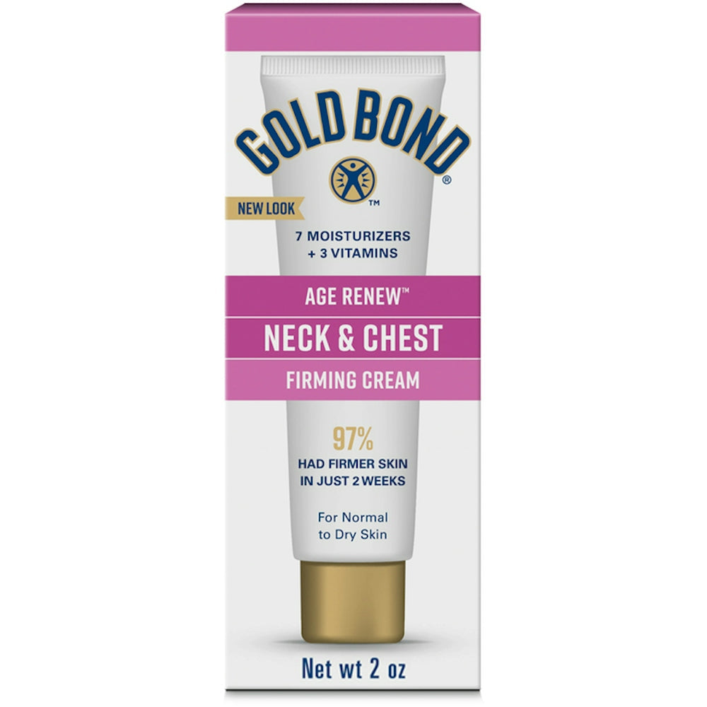 Gold Bond Age Renew Firming Cream for neck and chest, 2 oz, in a white jar showing the product label and cream texture