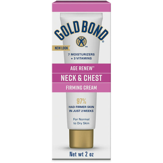 Gold Bond Age Renew Firming Cream for neck and chest, 2 oz, in a white jar showing the product label and cream texture