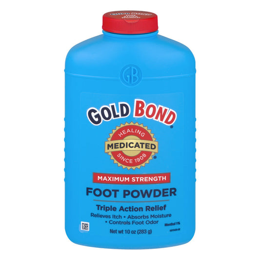 Gold Bond Maximum Strength Medicated Foot Powder in a 10 oz container, shown in a personal care product image.