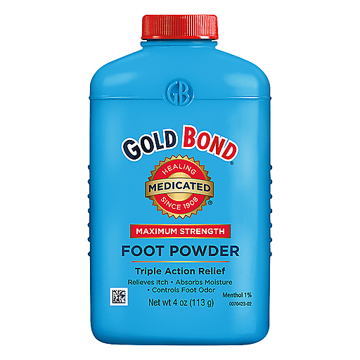 Gold Bond Triple Action Relief Maximum Strength Foot Powder in 4 oz container, designed for soothing and refreshing feet.