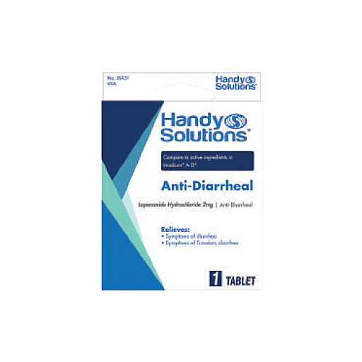 Handy Solutions anti-diarrheal 2mg tablets in a 6-pack, personal care product by Pasteur Pharmacy, shown in blister packs.
