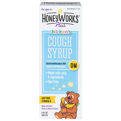 Honey Works™ Children's Cough Syrup daytime formula in a 4 fl oz bottle, designed for kids' personal care.