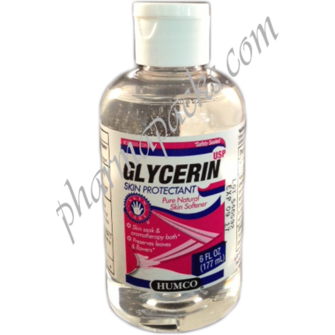 Humco Glycerin USP 99.5% liquid in a 6 oz bottle, used for personal care, shown in a clear bottle with a white cap.