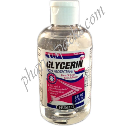 Humco Glycerin USP 99.5% liquid in a 6 oz bottle, used for personal care, shown in a clear bottle with a white cap.
