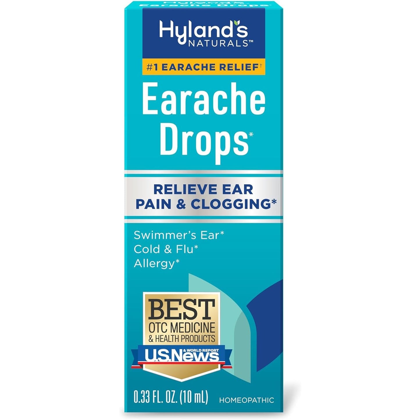 Hyland's Naturals Earache Drops in 0.33oz bottle, natural personal care product for ear discomfort, displayed in a container.