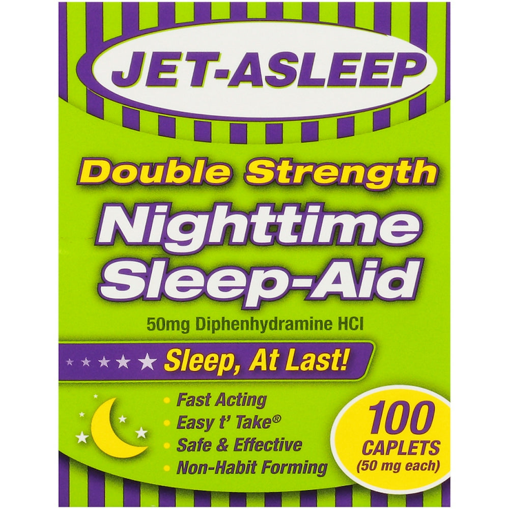 Jet-Asleep double strength 50 mg nighttime sleep-aid caplets by Pasteur Pharmacy, 100 softgel capsules for restful sleep.