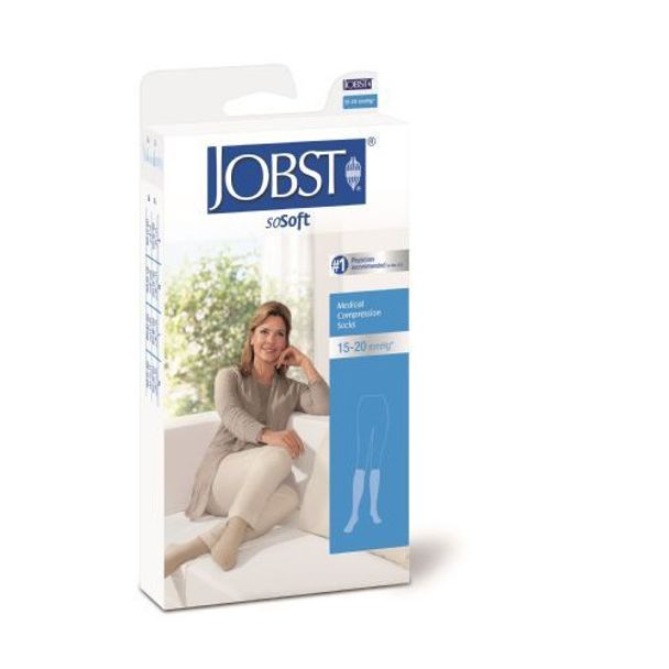 Jobst soSoft women’s brocade knee-high compression stockings in white, size large, with 8-15mmHg pressure for personal care.